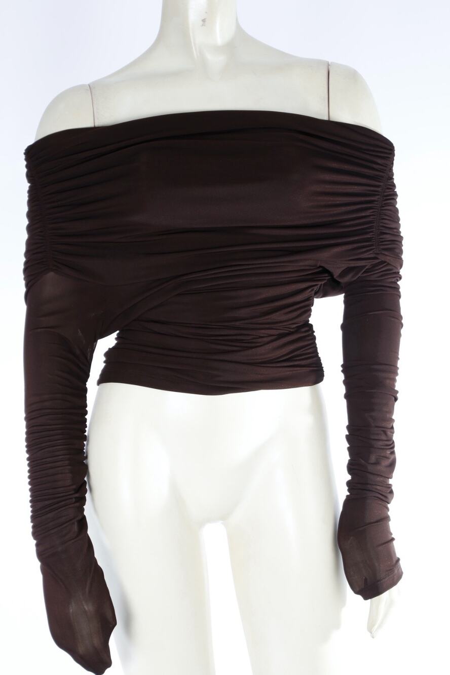 Ronny Kobo Dark Brown Off The Shoulder Jersey Ruched Mesh Long Sleeve Top XS